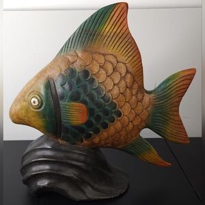 Hand-Painted Green and Gold Fish Accent Sculpture